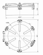 517 mm dry-bulk tanker manhole cover — FT-DB-100 side elevation and six-handle plan.