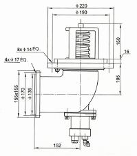 Clapet de fond pneumatique en inox revêtu de PTFE, 100 mm — Cotes de bride et de montage FT-PTFE-110.