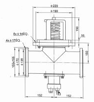 Clapet de fond pneumatique trois voies revêtu de PTFE, 100 mm — Cotes de montage trois voies et de brides FT-PTFE-120.